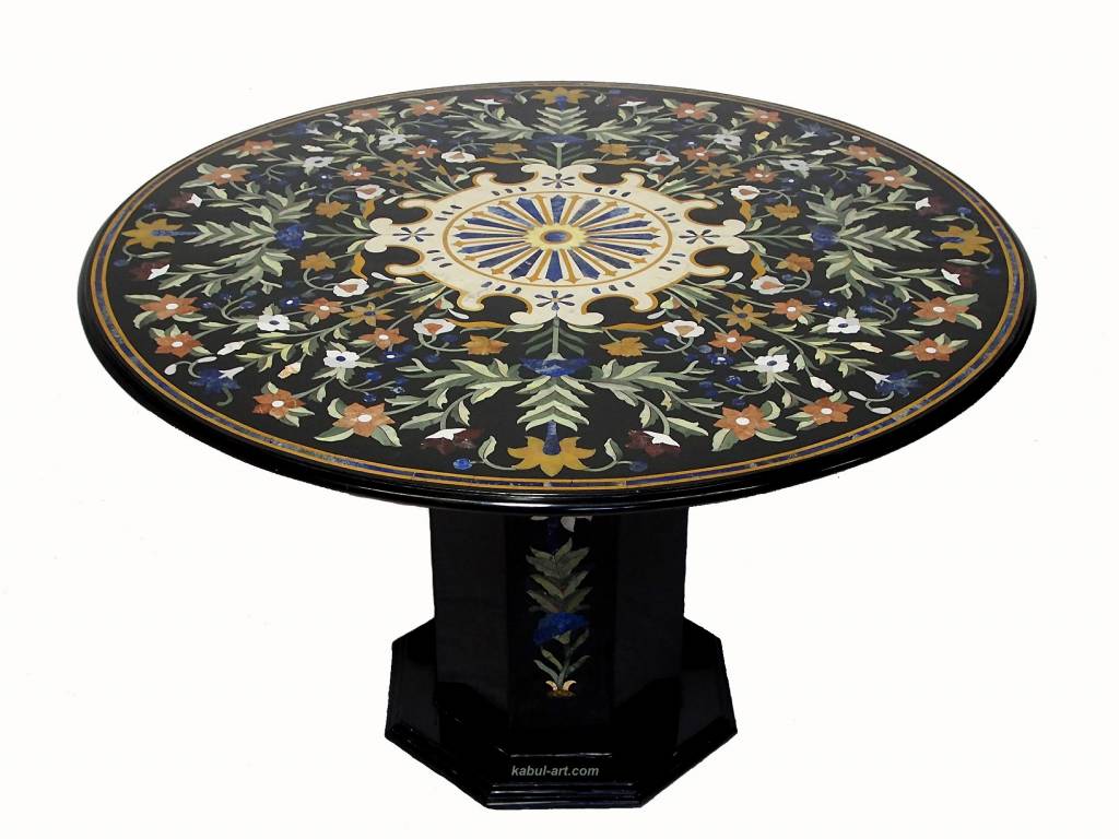 122 cm pietra dura black marble dining table Florentine mosaic inlaid dining Room table Marble Inlay (black)