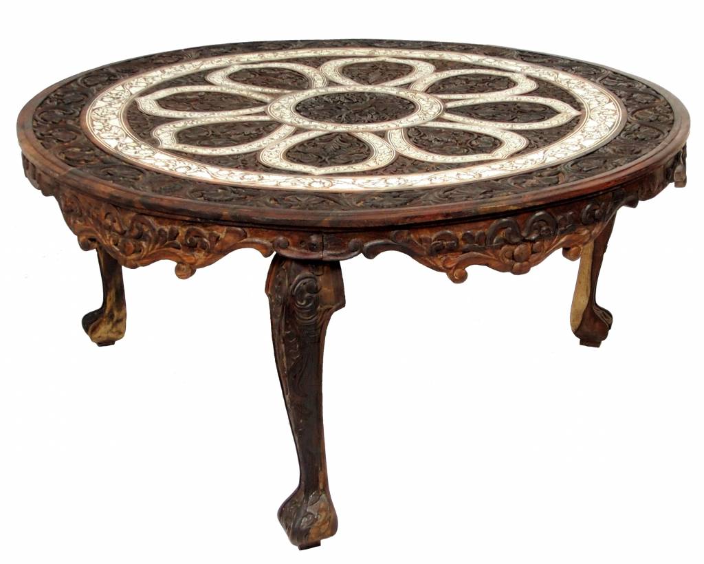 59 inch antique orient colonial solid wood hand-carved Indian Anglo round table inlaid dining table  19th century