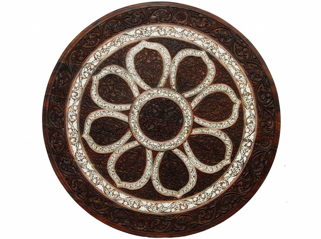 59 inch antique orient colonial solid wood hand-carved Indian Anglo round table inlaid dining table  19th century