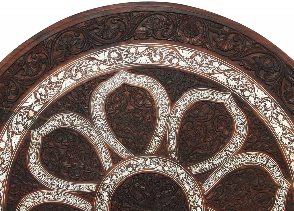 59 inch antique orient colonial solid wood hand-carved Indian Anglo round table inlaid dining table  19th century