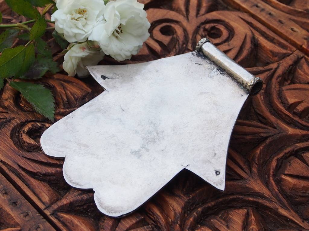 vintage handmade Islamic Eye of Fatima hamsa The Hand of Fatima with arabic Calligraphy Pendant and agate stone Afghanistan (nickel silver)