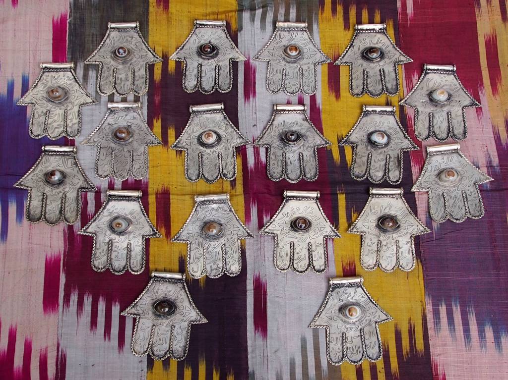 vintage handmade Islamic Eye of Fatima hamsa The Hand of Fatima with arabic Calligraphy Pendant and agate stone Afghanistan (nickel silver)