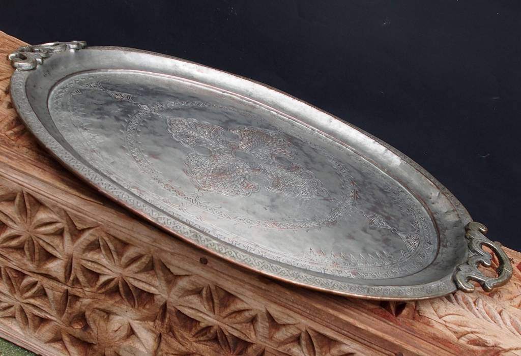 antik sehr seltener Massiv orientalische Kupfer tablett Teetisch Afghanistan No:18/A