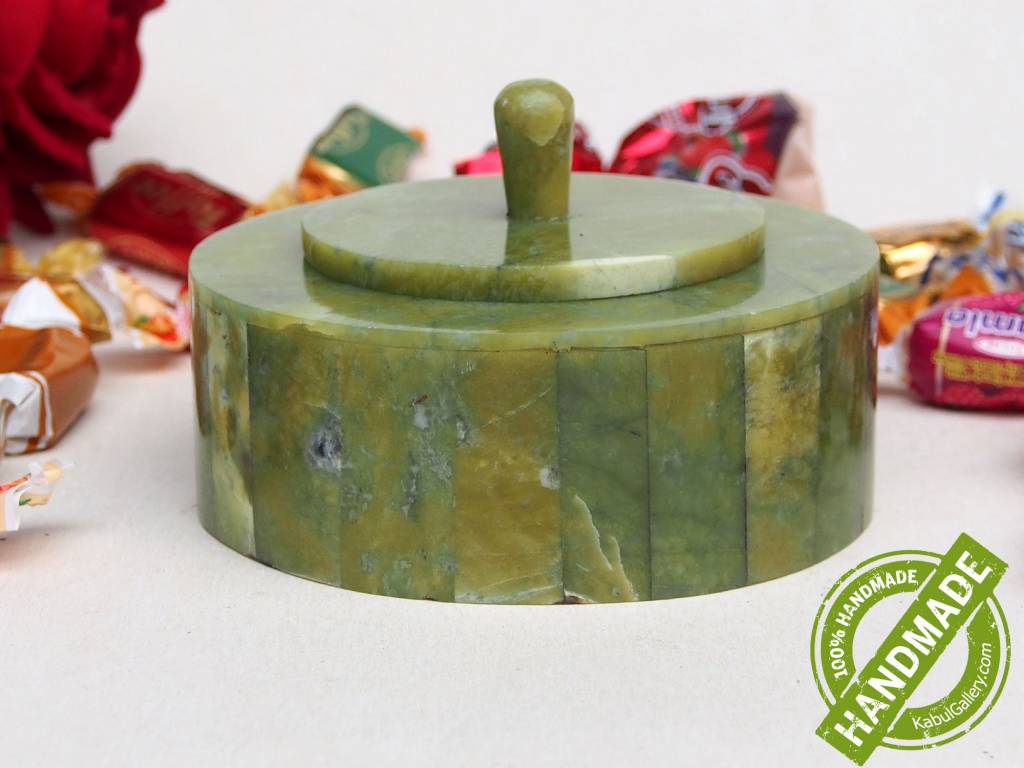 Hand Crafted olive green serpentine Gemstone shahmaqsud box Candy Dish from Afghanistan. 21/B