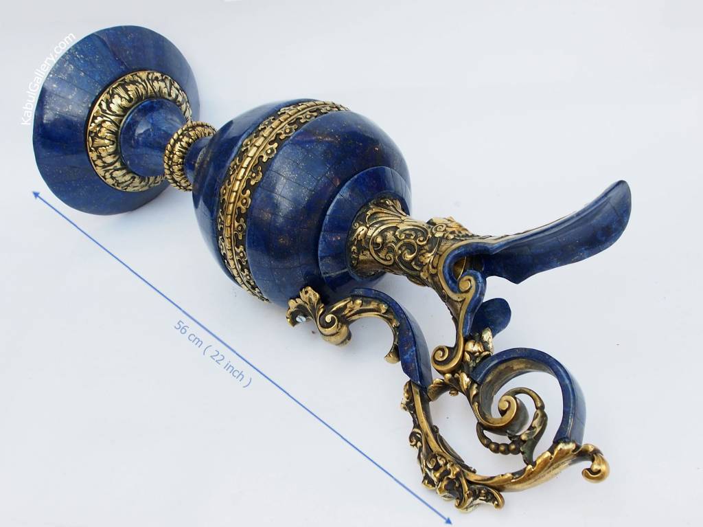 very large Hand Crafted stunning genuine Lapis Lazuli Gemstone and Brass ormolu mounted Sevres ewer vase candlestick from Afghanistan