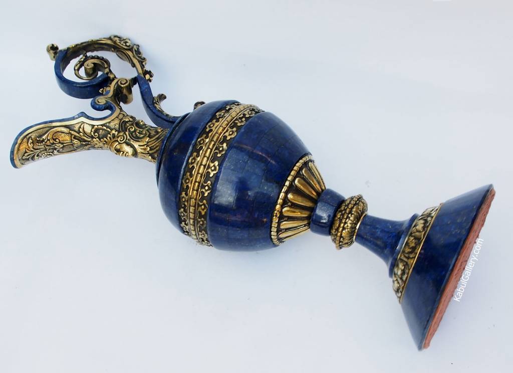 very large Hand Crafted stunning genuine Lapis Lazuli Gemstone and Brass ormolu mounted Sevres ewer vase candlestick from Afghanistan