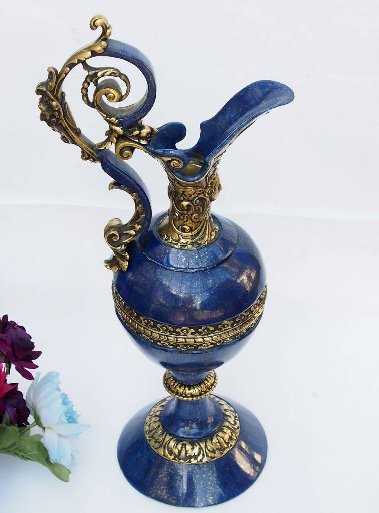 very large Hand Crafted stunning genuine Lapis Lazuli Gemstone and Brass ormolu mounted Sevres ewer vase candlestick from Afghanistan
