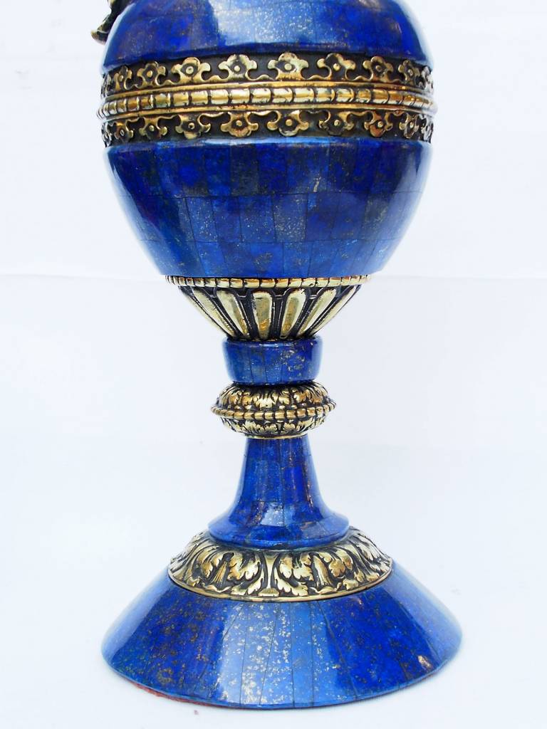 very large Hand Crafted stunning genuine Lapis Lazuli Gemstone and Brass ormolu mounted Sevres ewer vase candlestick from Afghanistan