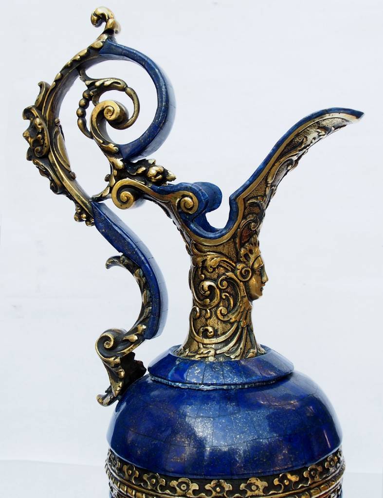 very large Hand Crafted stunning genuine Lapis Lazuli Gemstone and Brass ormolu mounted Sevres ewer vase candlestick from Afghanistan