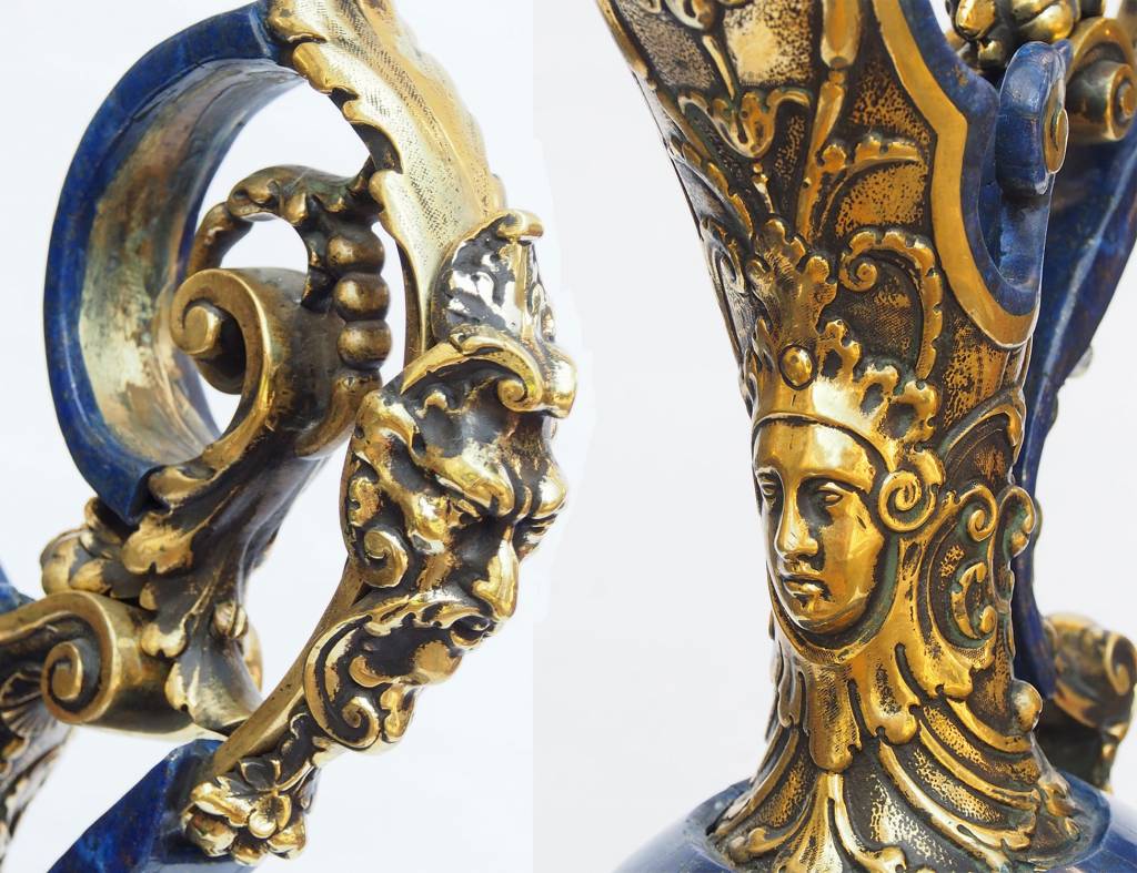 very large Hand Crafted stunning genuine Lapis Lazuli Gemstone and Brass ormolu mounted Sevres ewer vase candlestick from Afghanistan