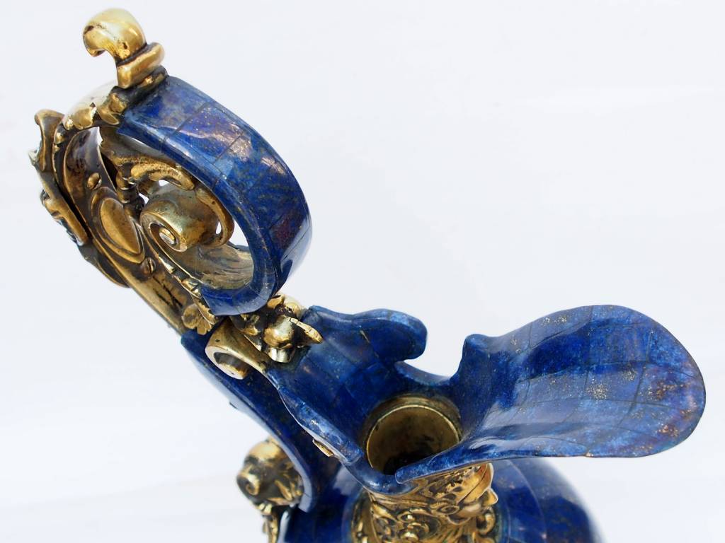very large Hand Crafted stunning genuine Lapis Lazuli Gemstone and Brass ormolu mounted Sevres ewer vase candlestick from Afghanistan