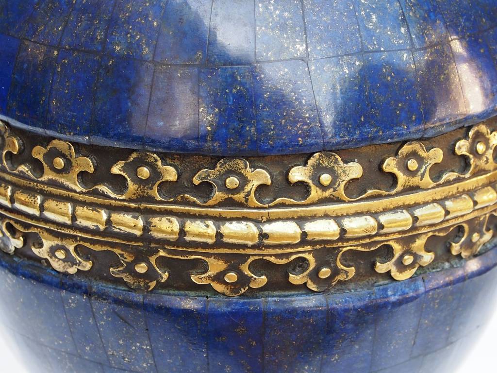 very large Hand Crafted stunning genuine Lapis Lazuli Gemstone and Brass ormolu mounted Sevres ewer vase candlestick from Afghanistan