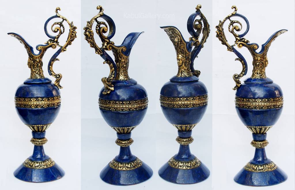 very large Hand Crafted stunning genuine Lapis Lazuli Gemstone and Brass ormolu mounted Sevres ewer vase candlestick from Afghanistan