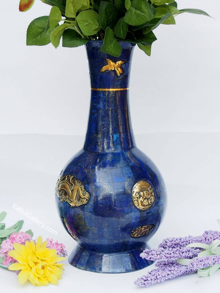huge Hand Crafted stunning genuine Lapis Lazuli Gemstone brass ormolu mounted ewer vase from Afghanistan No:18/1