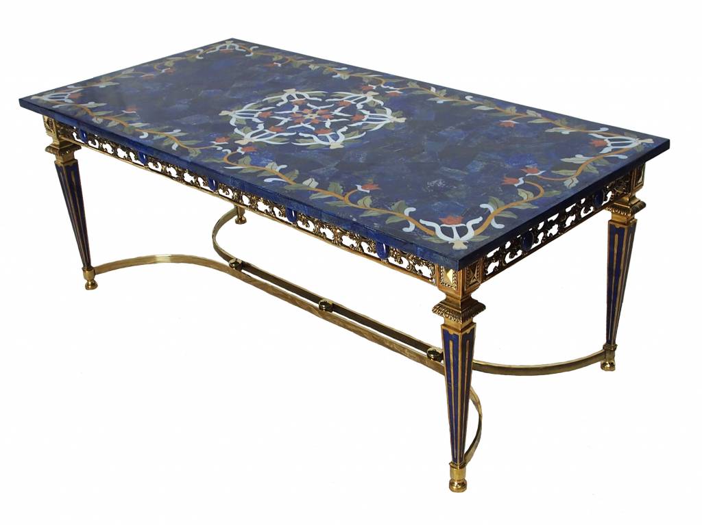 120x60 Cm Marmor Authentic Lapis Lazuli Pietra Dura Couchtisch Tisch Florentiner Mosaik Intarsienarbeit Wohnzimmertisch Afghanistan Mit Messing