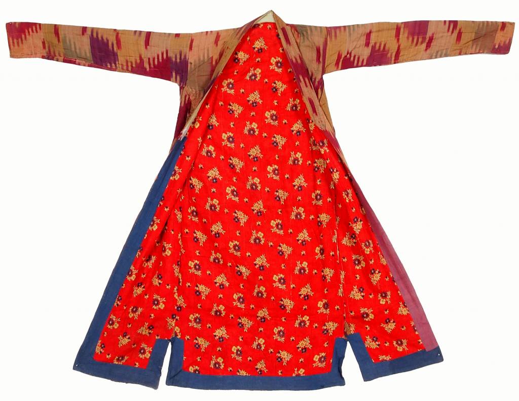 antique hand embroidered nomadic Turkmen Uzbek Afghan Ethnic ikat silk Chapan coat Chirpy Green  No-18-38