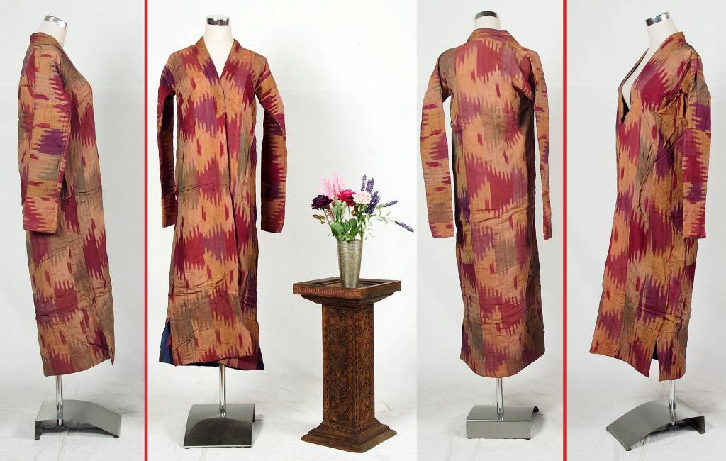 antique hand embroidered nomadic Turkmen Uzbek Afghan Ethnic ikat silk Chapan coat Chirpy Green  No-18-38