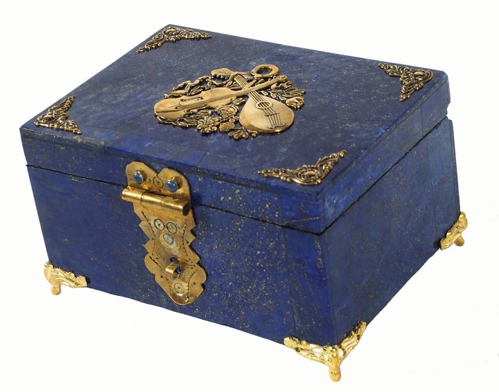 Hand Crafted stunning genuine Lapis Lazuli Gemstone Pillbox Box brass decorated from Afghanistan No:18/29