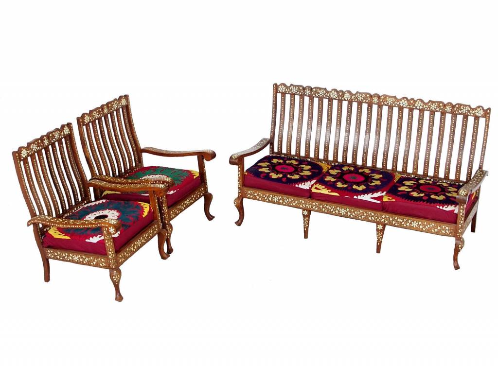 antik 3-teilige indian anglo Couch Garnitur Sofagarnitur Sessel Stuhl mit suzani
