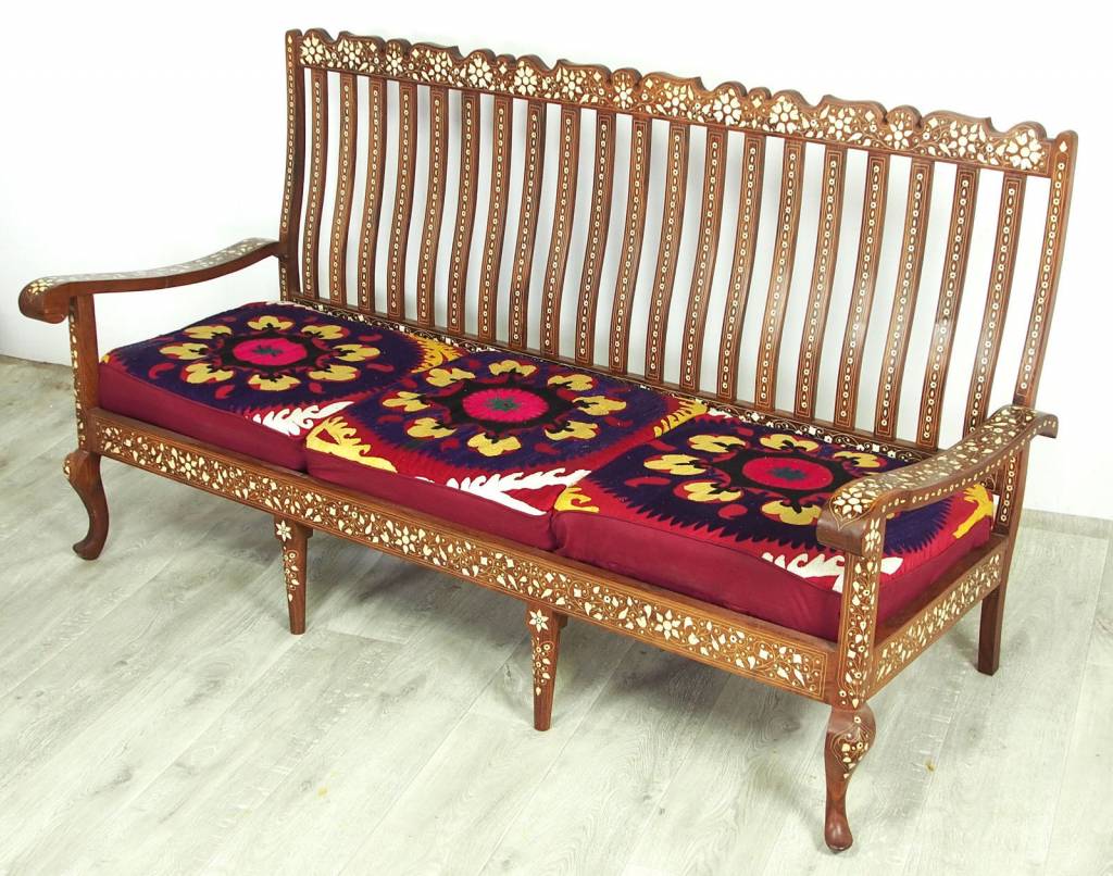 Gorgeous Antique Vintage Teak Bone Inlay  indian anglo 3-piece Sofa set withe Silk suzani cover