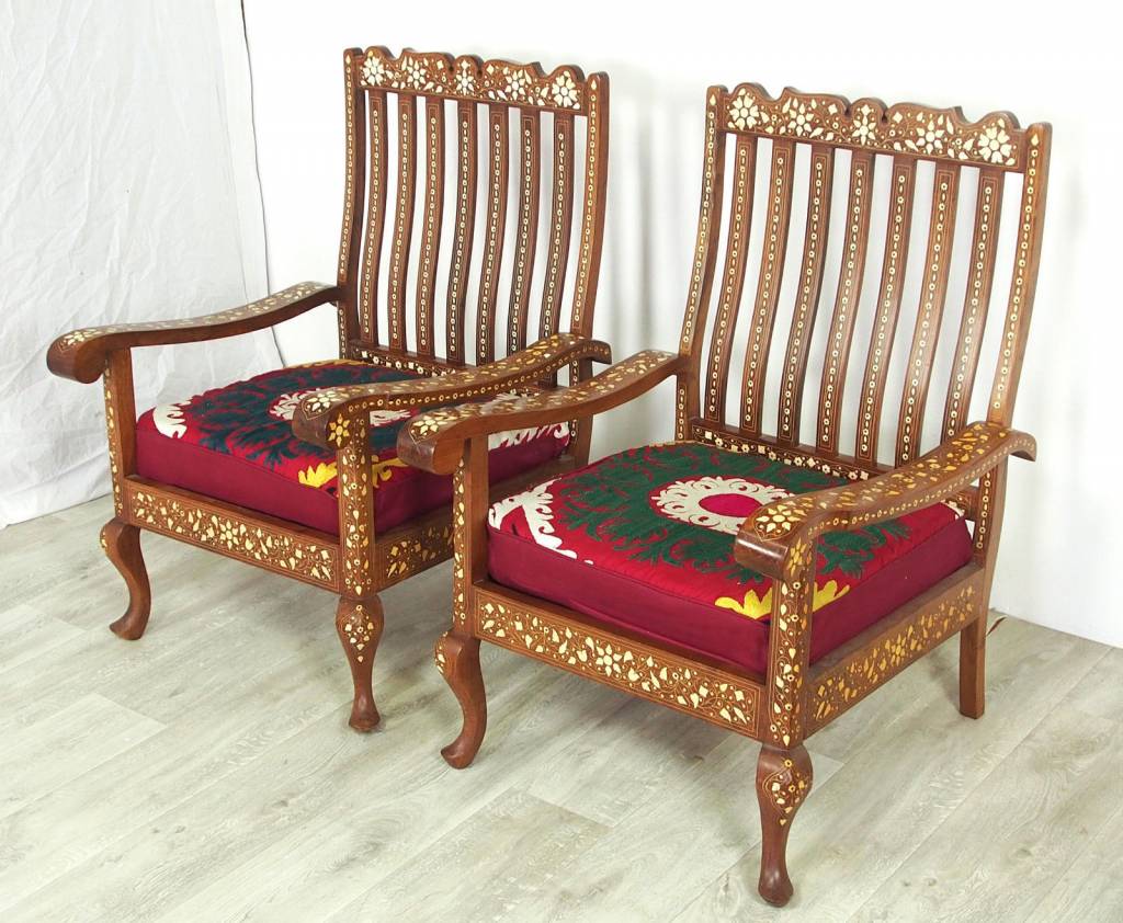 Gorgeous Antique Vintage Teak Bone Inlay  indian anglo 3-piece Sofa set withe Silk suzani cover