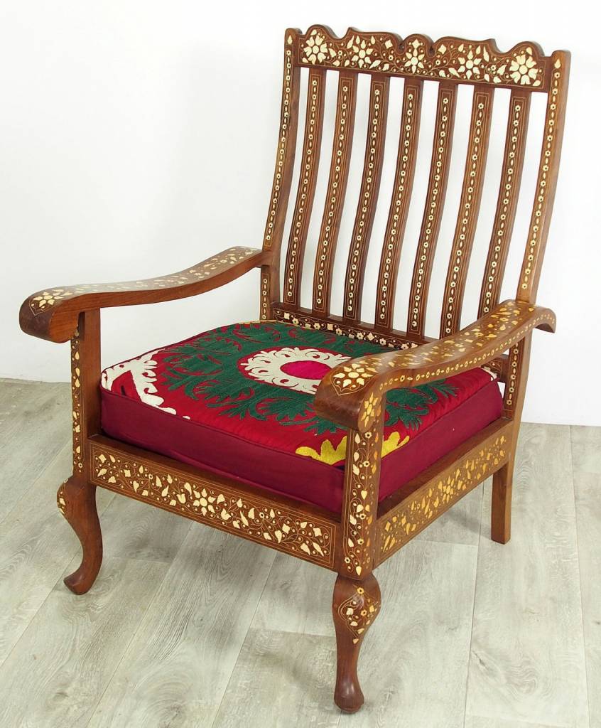 Gorgeous Antique Vintage Teak Bone Inlay  indian anglo 3-piece Sofa set withe Silk suzani cover