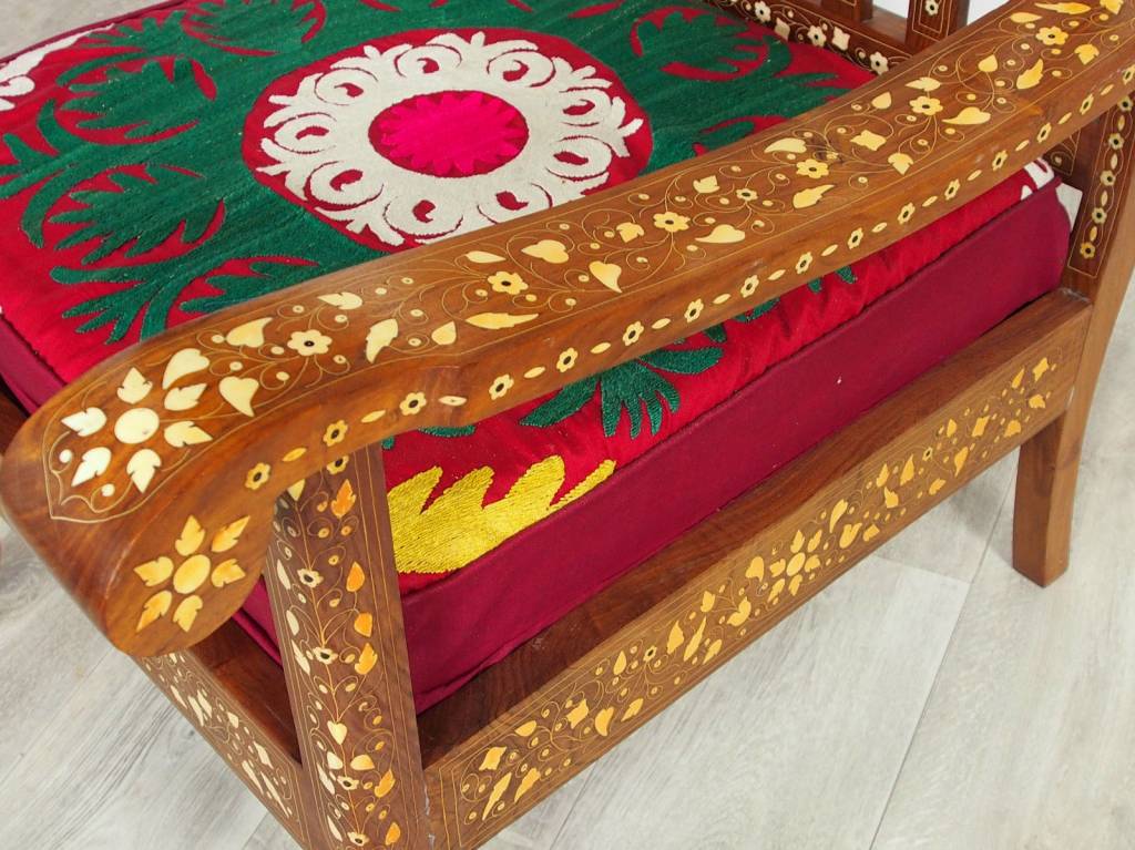 Gorgeous Antique Vintage Teak Bone Inlay  indian anglo 3-piece Sofa set withe Silk suzani cover