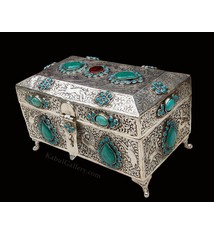 Extravagant  oriental nickel silver box jewelry box casket decorated with turquoise and carnelian