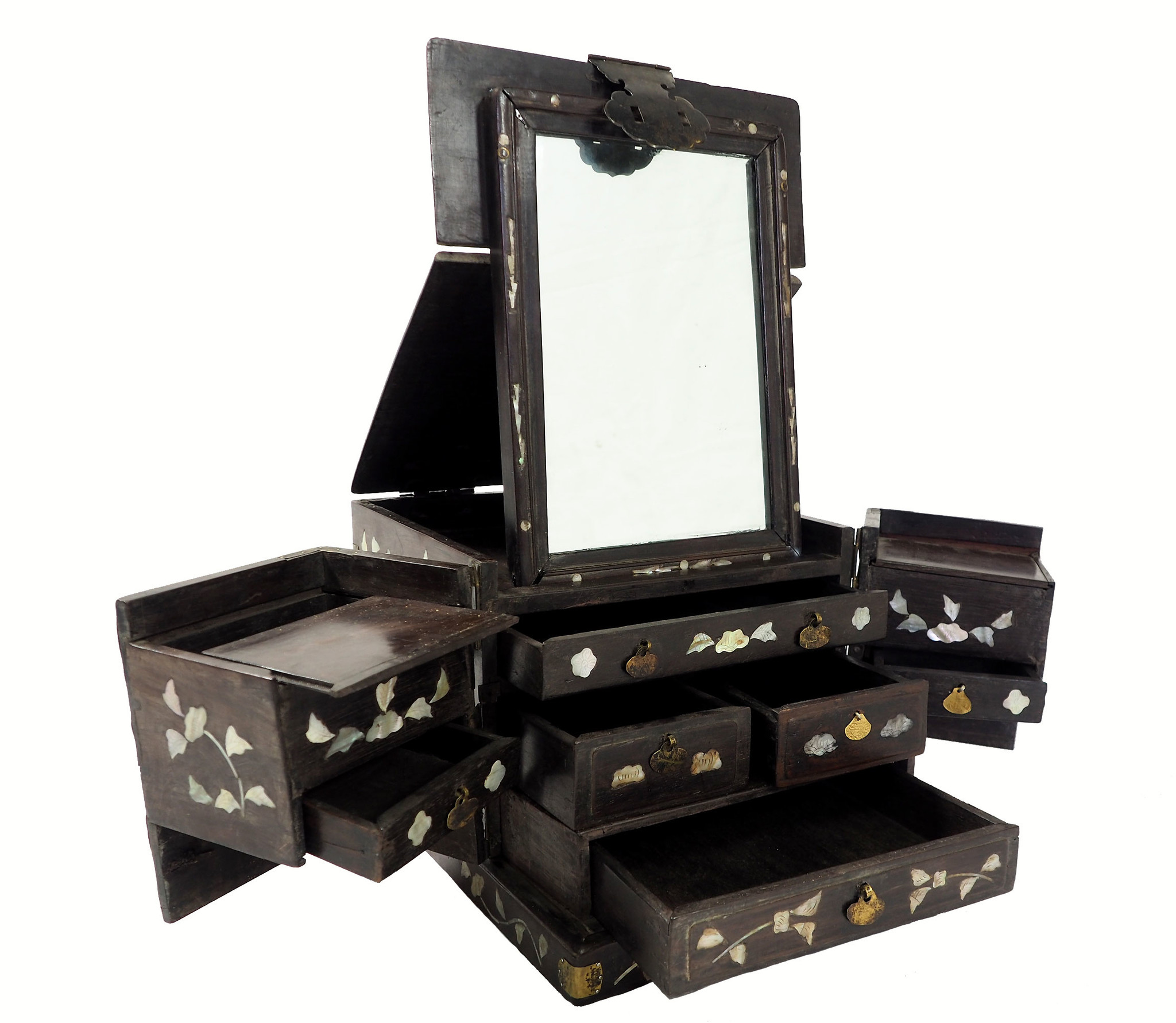 Beautiful Antique Chinese Jewellery Box with Mirror and Mother of Pearl Inlay Rosewood Dressing Case 19th century