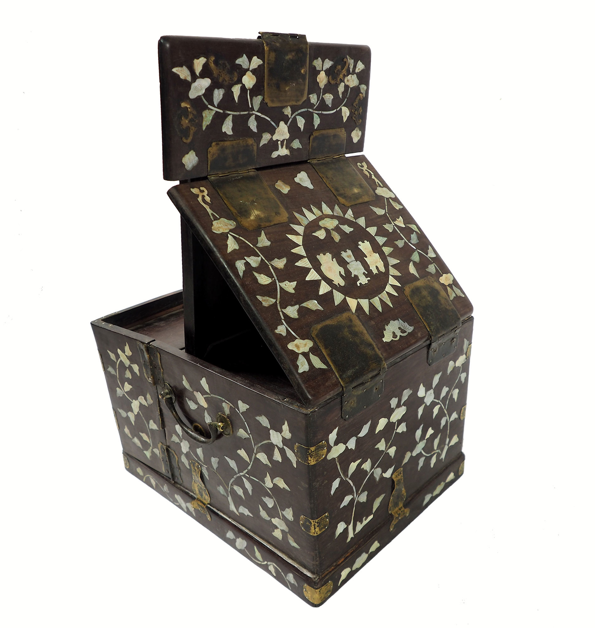 Beautiful Antique Chinese Jewellery Box with Mirror and Mother of Pearl Inlay Rosewood Dressing Case 19th century