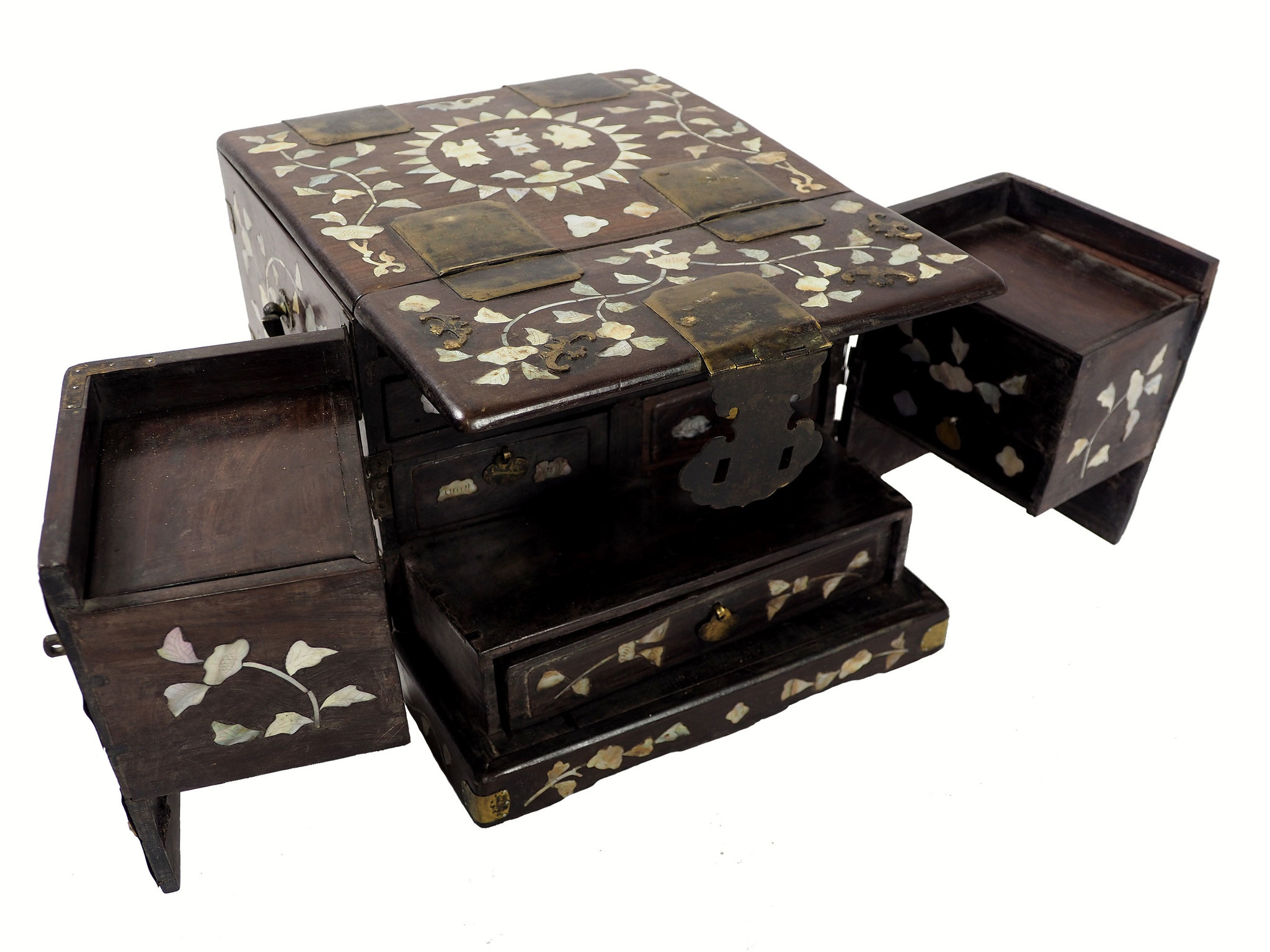 Beautiful Antique Chinese Jewellery Box with Mirror and Mother of Pearl Inlay Rosewood Dressing Case 19th century
