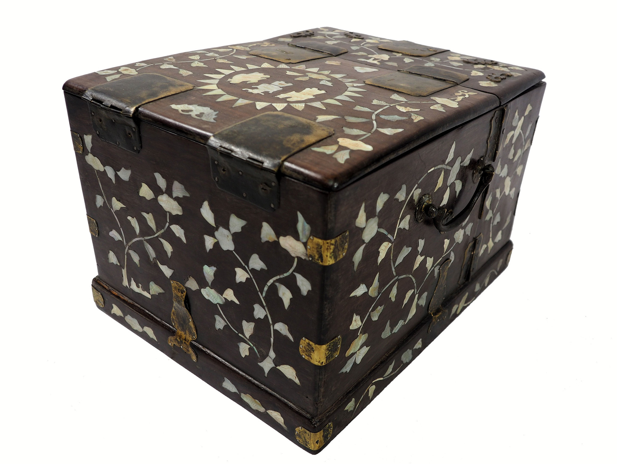 Beautiful Antique Chinese Jewellery Box with Mirror and Mother of Pearl Inlay Rosewood Dressing Case 19th century