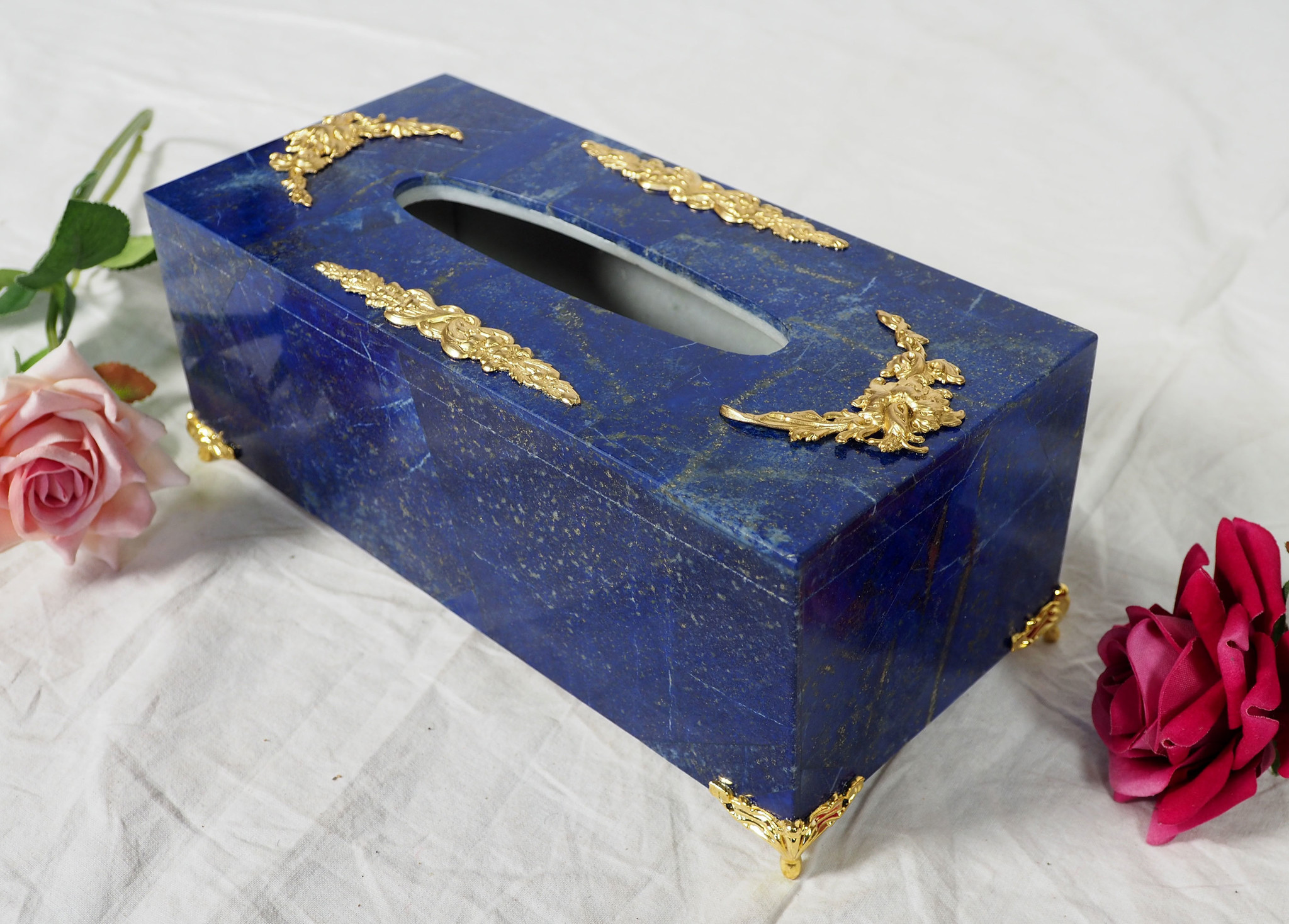 Hand Crafted stunning genuine Lapis Lazuli Gemstone tissue  napkin Box Holder case Cover brass decorated Afghanistan 19/A