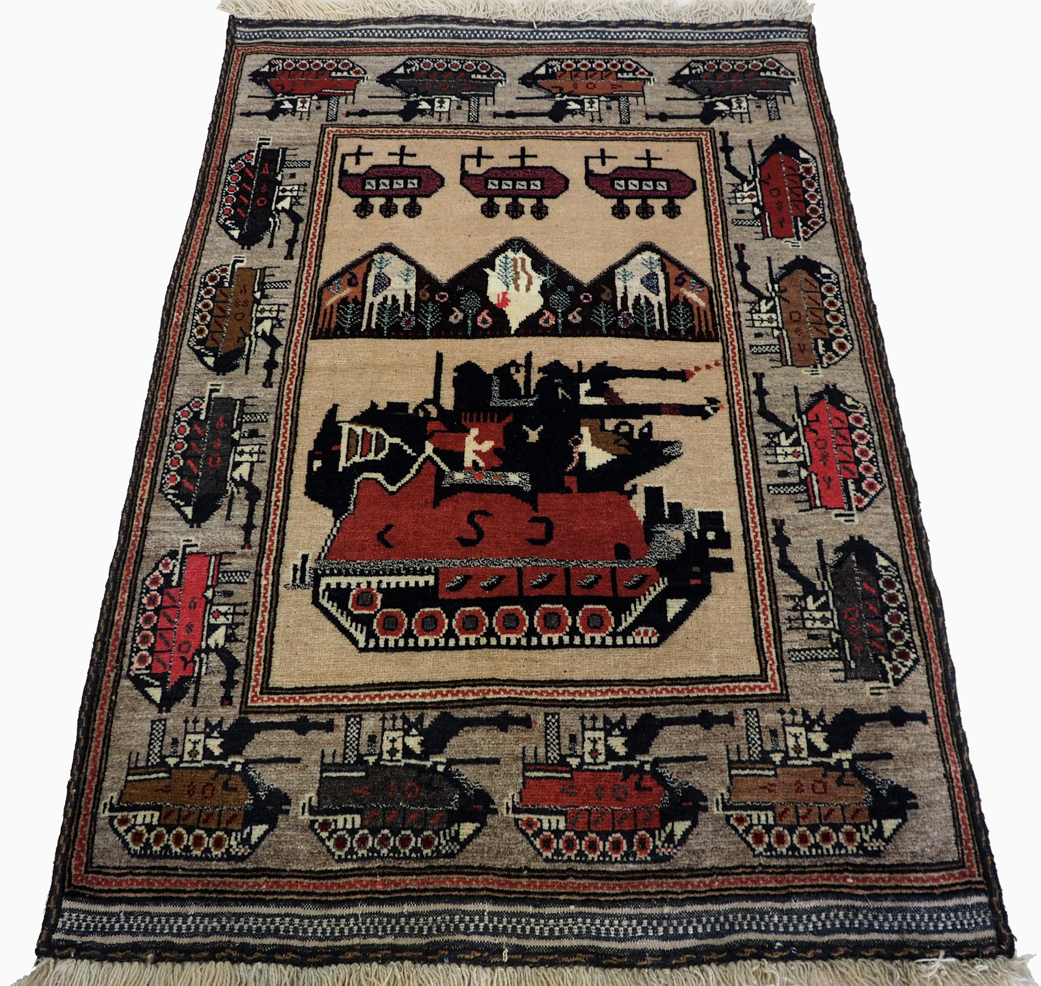 Afghan Kriegteppich Handgeknüpf Teppich Afghanistan panzer kampfjet gewehr USA Army Nato ISAF war rug Nr:19/ 28
