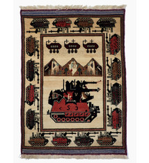 Afghan Kriegteppich Handgeknüpf Teppich Afghanistan panzer kampfjet gewehr USA Army Nato ISAF war rug Nr:19/ 29