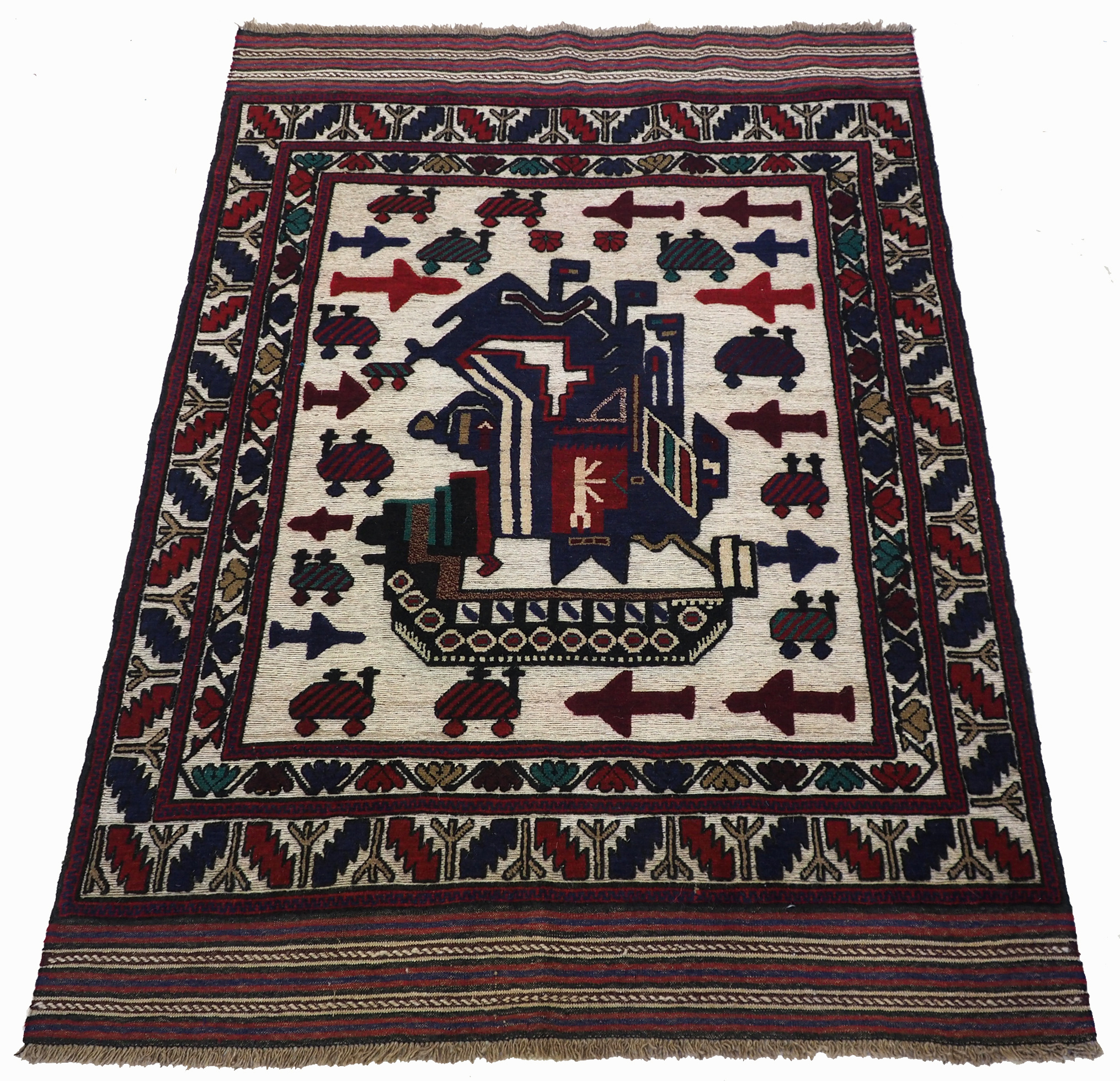 Afghan Kriegteppich Handgeknüpf Teppich Afghanistan panzer kampfjet gewehr USA Army Nato ISAF war rug Nr:19/34