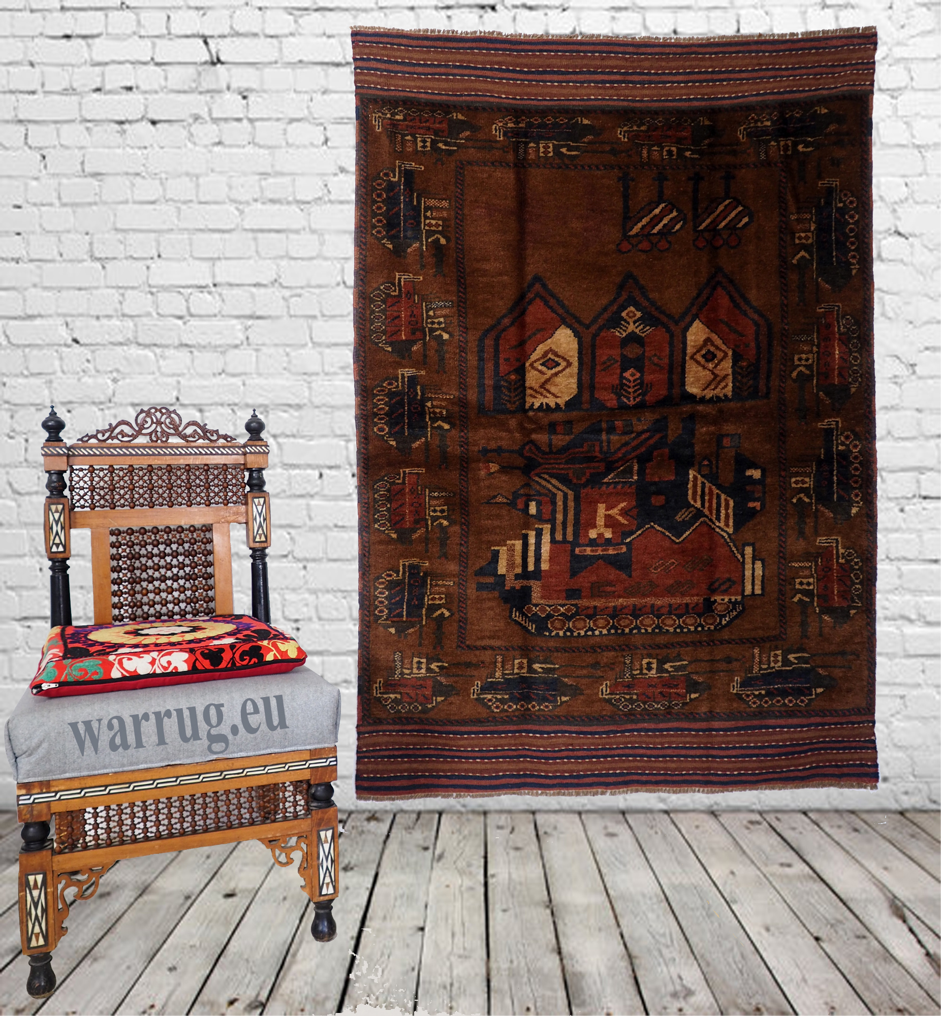 Afghan Kriegteppich Handgeknüpf Teppich Afghanistan panzer kampfjet gewehr USA Army Nato ISAF war rug Nr:19/ 36