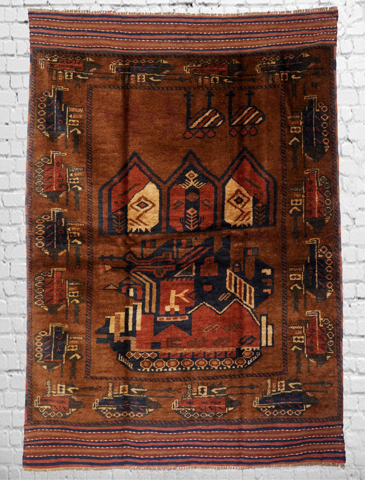 Afghan Kriegteppich Handgeknüpf Teppich Afghanistan panzer kampfjet gewehr USA Army Nato ISAF war rug Nr:19/ 36