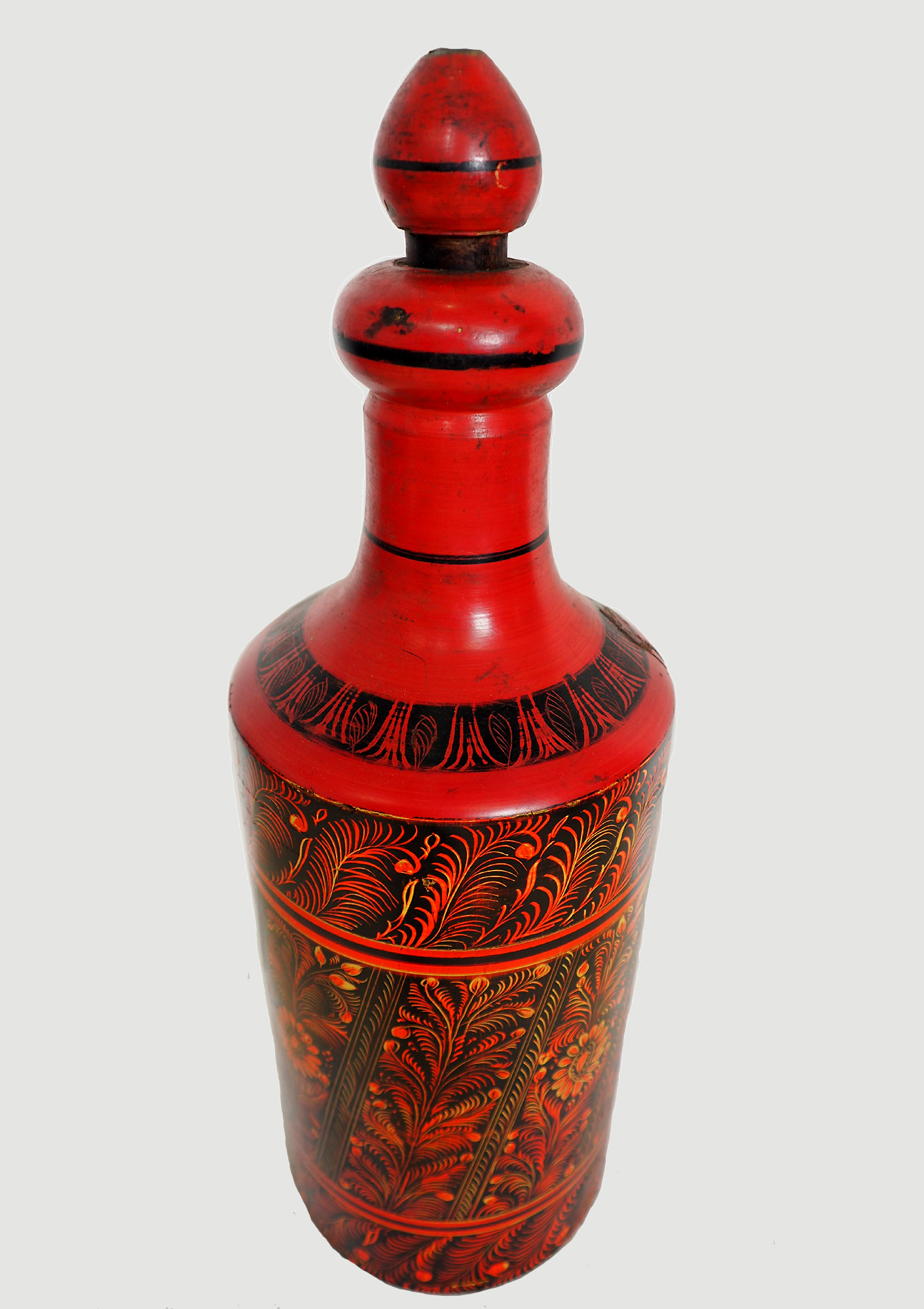 orient handgearbeitete Lacquerware Massiv Holz Flasche aus Afghanistan Pakistanv Rot