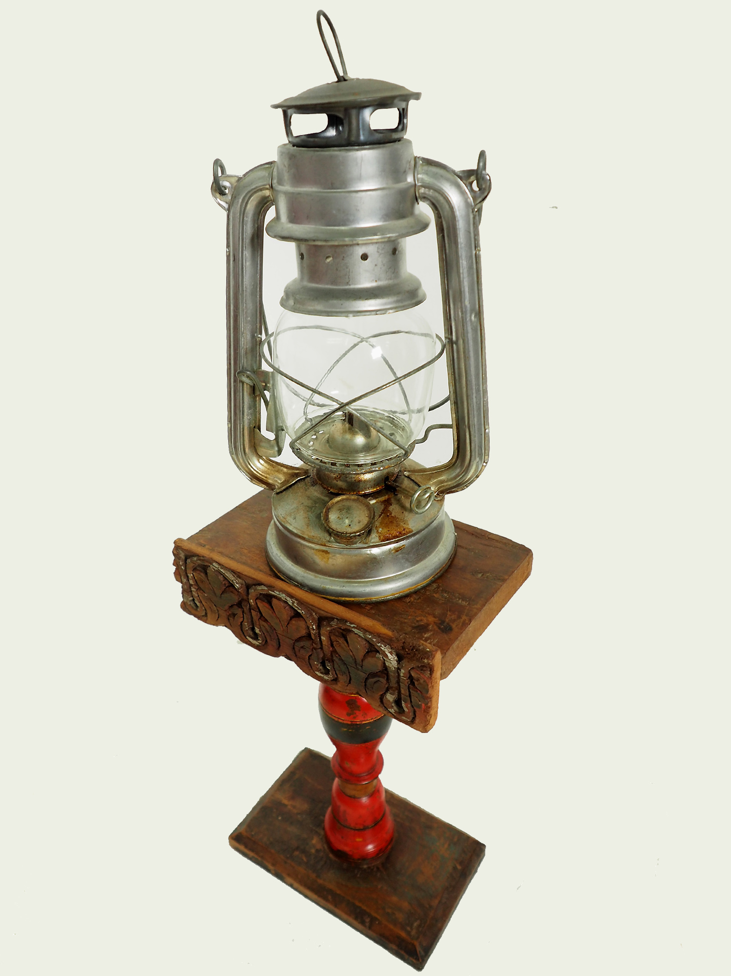 Antique handpainted stunning Vintage Lacquerware wooden oil lamp stand karosin lamp stand candle holder from Afghanistan / Pakistan No:19/F