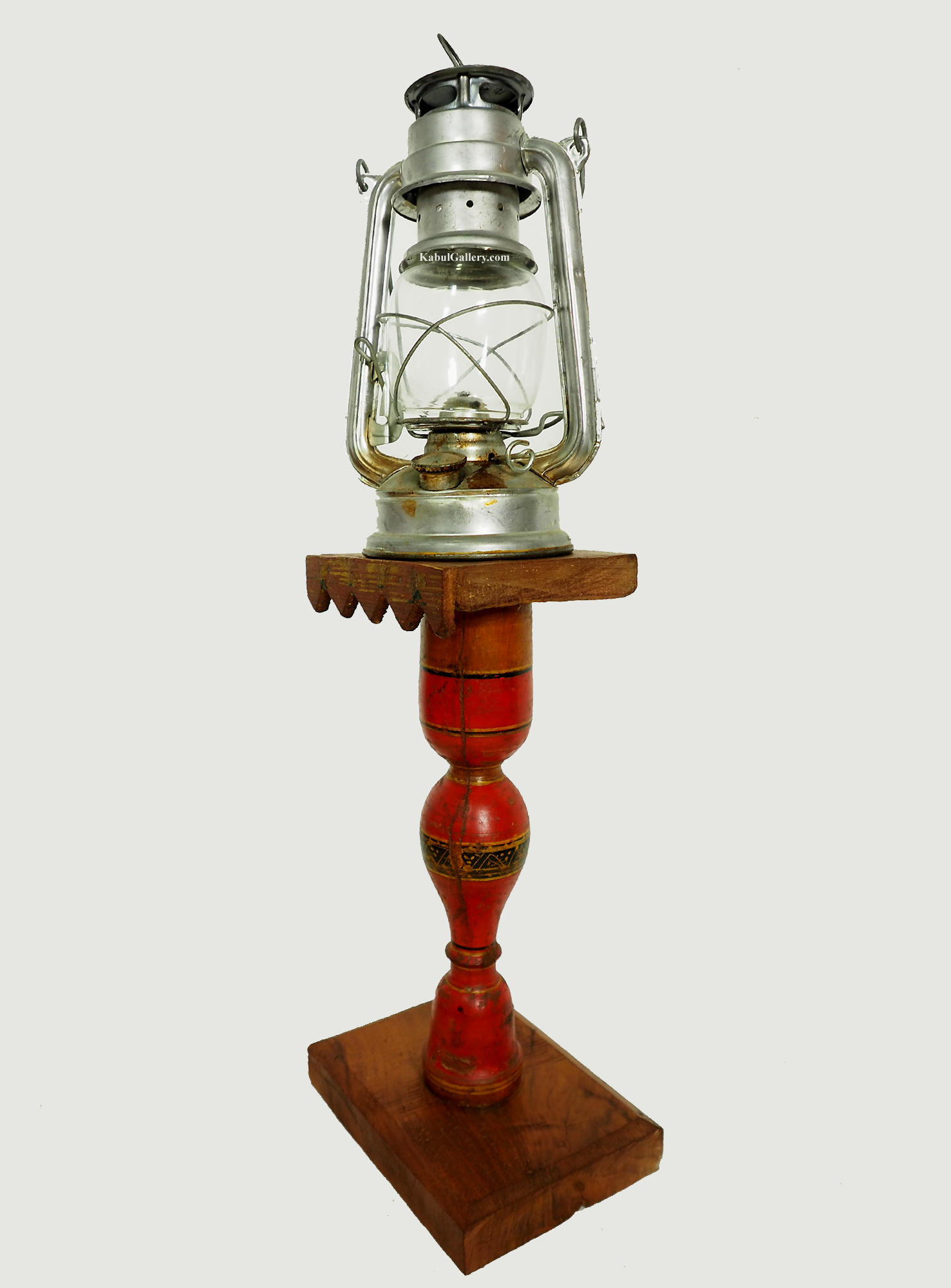 Antique handpainted stunning Vintage Lacquerware wooden oil lamp stand karosin lamp stand candle holder from Afghanistan / Pakistan No:19/H