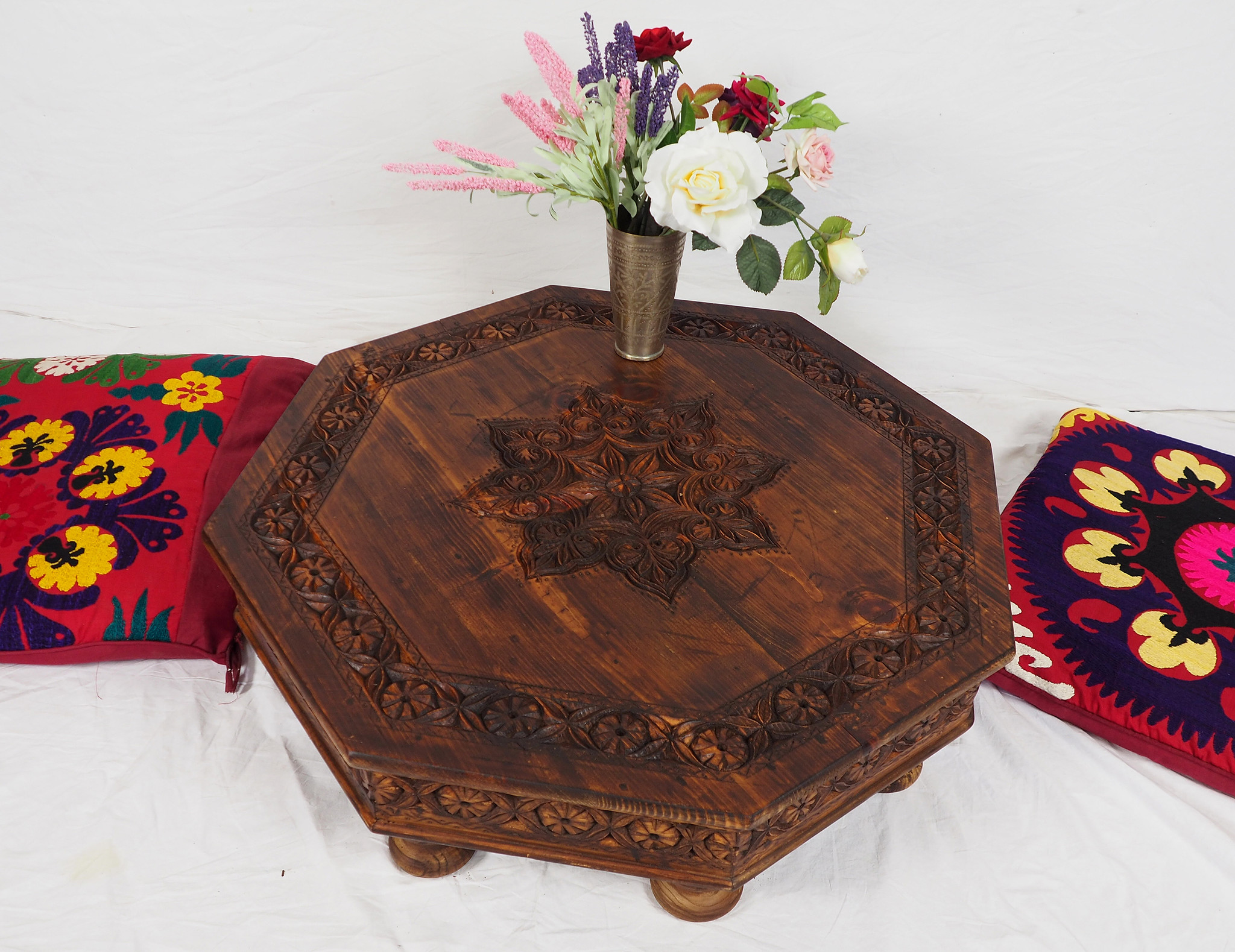 80x80 cm cm antique-look orient colonial solid wood hand-carved  table  Coffee Table living room table  from Afghanistan nuristan 8ECK