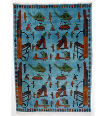 146x108 cm Afghan Kriegteppich Handgeknüpf Teppich Afghanistan panzer kampfjet gewehr USA Army Nato ISAF war rug Nr:AFG21E