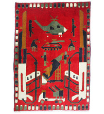 120x86 cm Afghan Kriegteppich Handgeknüpf Teppich Afghanistan panzer kampfjet gewehr USA Army Nato ISAF war rug Nr:AFG21J