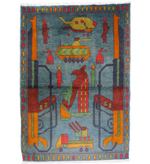 115x82 cm Afghan Kriegteppich Handgeknüpf Teppich Afghanistan panzer kampfjet gewehr USA Army Nato ISAF war rug Nr:AFG21K