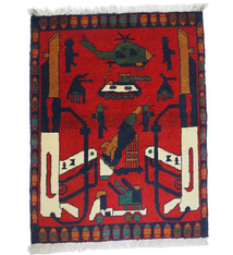 76x59 cm Afghan Kriegteppich Handgeknüpf Teppich Afghanistan panzer kampfjet gewehr USA Army Nato ISAF war rug Nr:AFG21L