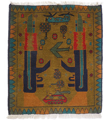 74x65 cm Afghan Kriegteppich Handgeknüpf Teppich Afghanistan panzer kampfjet gewehr USA Army Nato ISAF war rug Nr:AFG21M