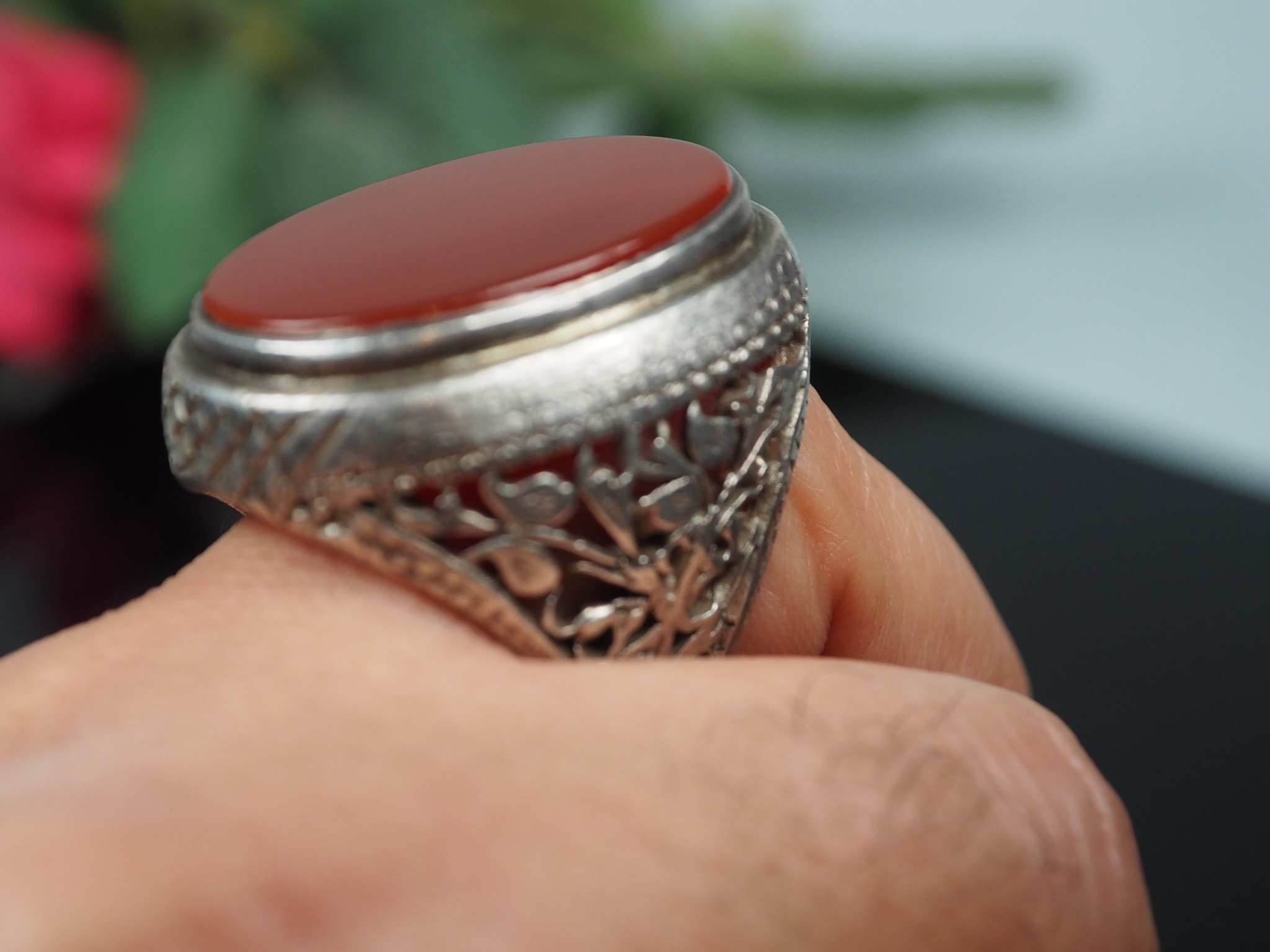 antique handmade Silver Carnelian stone turkmen statement AQEEQ ring from Afghanistan No:WL21/6