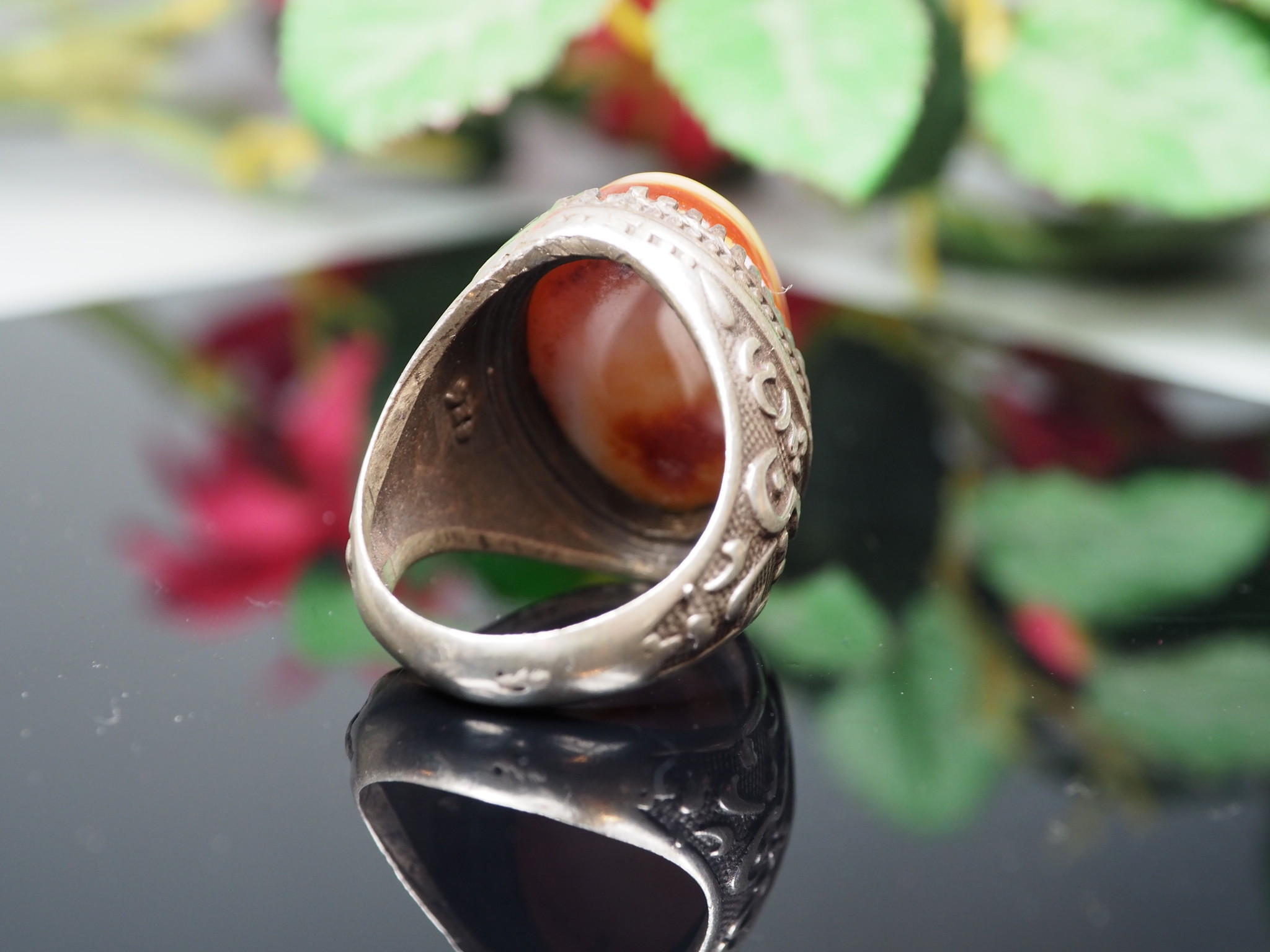 antique handmade islamic Silver Carnelian eye agate stone turkmen statement AQEEQ ring from Afghanistan No:WL21/17