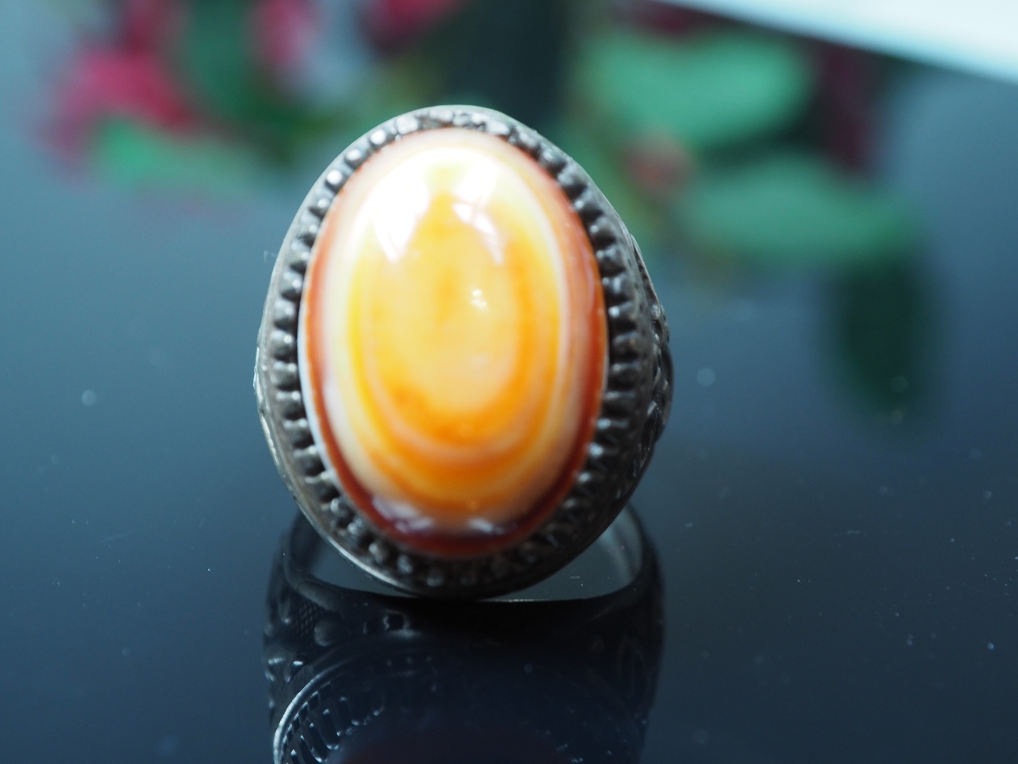 antique handmade islamic Silver Carnelian eye agate stone turkmen statement AQEEQ ring from Afghanistan No:WL21/17